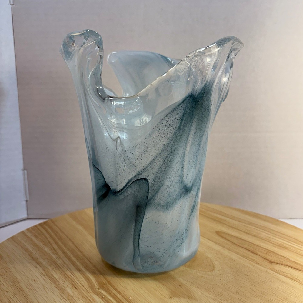 Blue White Clear Swirl Art Glass Vase Abstract Decorative Glossy Finish 8.5"